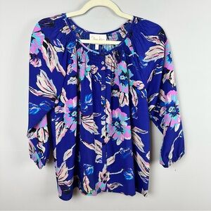Yumi Kim Blue Floral 3/4 Sleeve Popover Blouse Top Size S